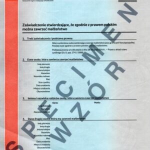 Zamów tłumaczenie przysięgłe: Zaświadczenie o Braku Okoliczności Wyłączającej Małżeństwo
